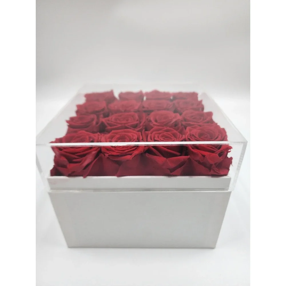 Eterfield Rose Preserved Red Roses in White Square Box with Acrylic Lid 16 Count